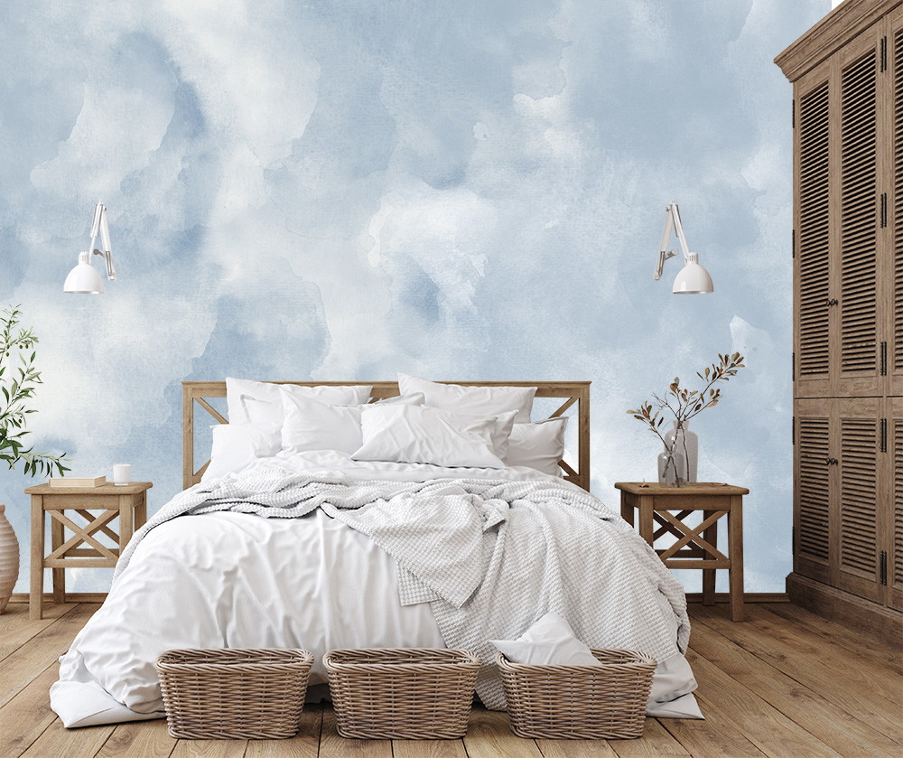 Fototapete - Schlafzimmer mit Himmel-Dekor und Holzmöbeln, Bett mit weißen Kissen und Decken