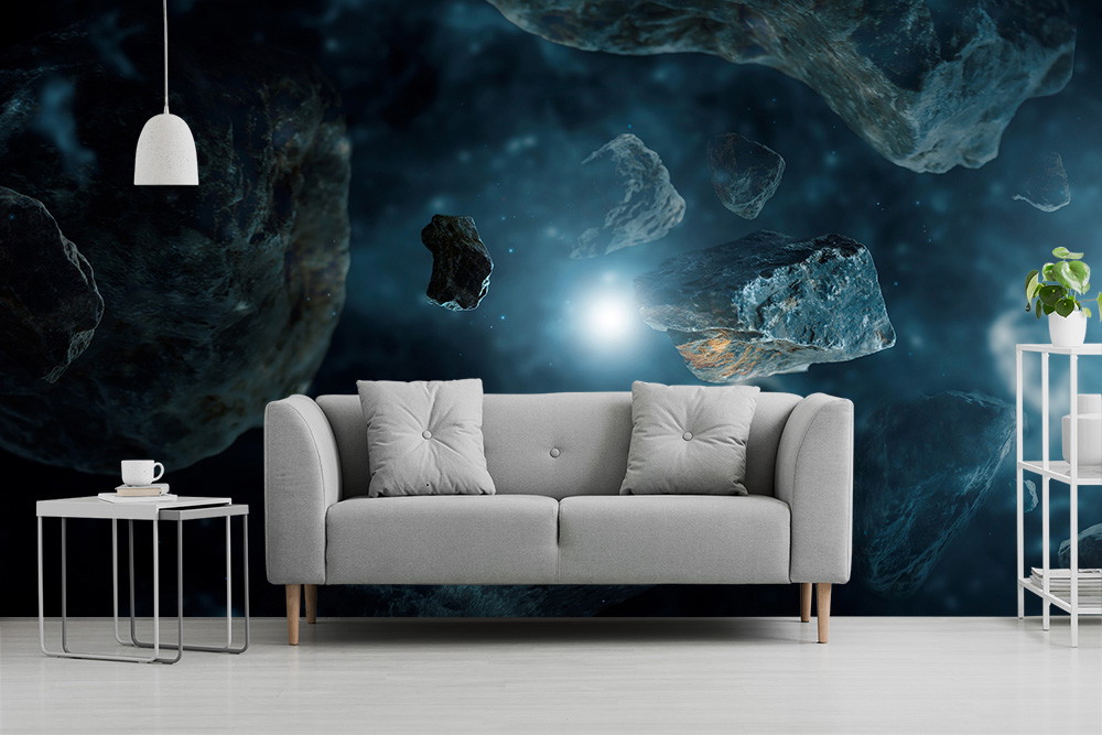 Fototapete - Moderne Wohnzimmerdekoration mit Weltraummotiv und schwebenden Asteroiden