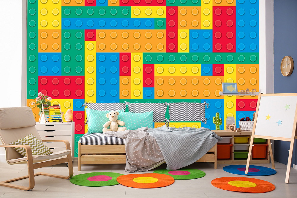 Papier peint photo - chambre d'enfant avec un mur de briques de jeux colorées et un intérieur confortable