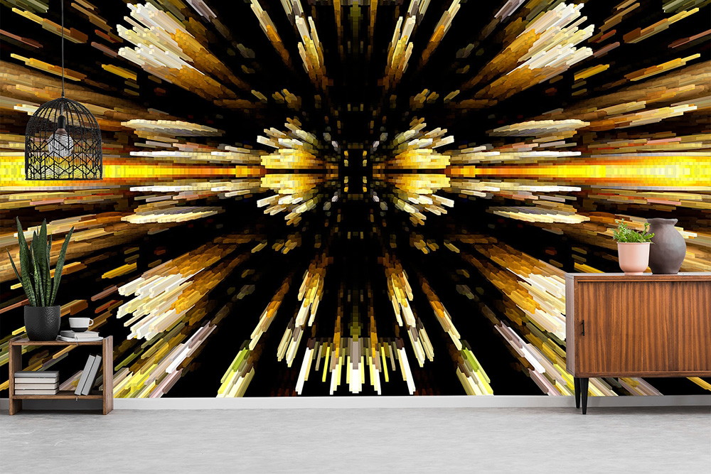 Fototapete - Abstrakter 3D-Effekt mit goldenen und braunen Strahlen in einem modernen Wohnzimmer