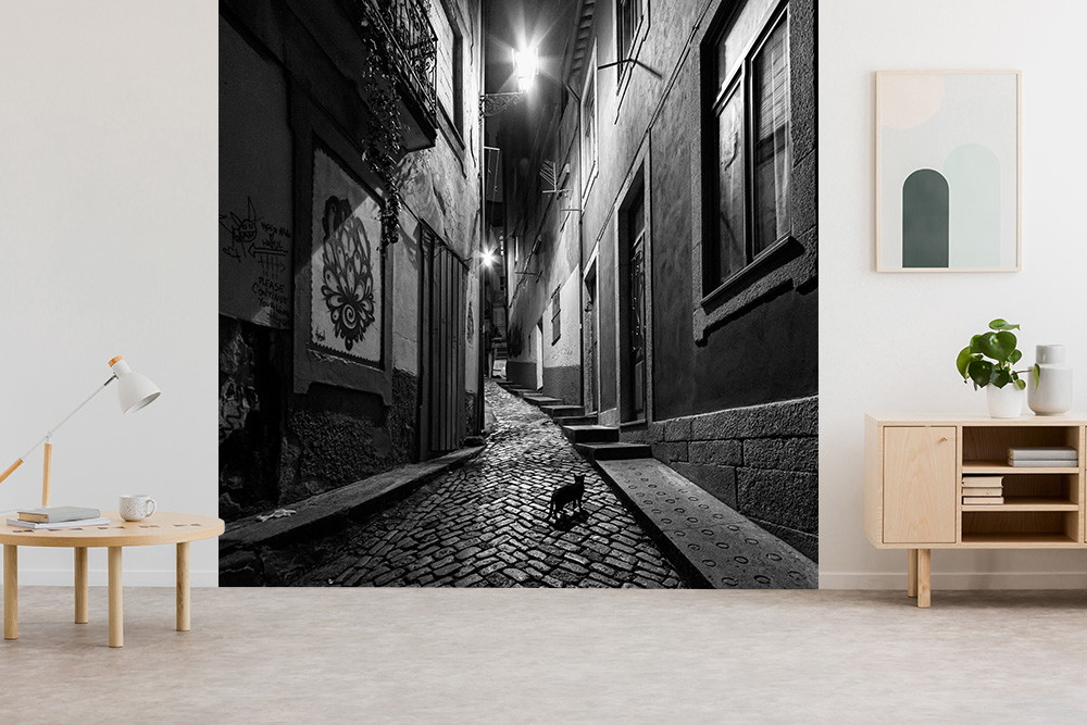 Fototapete - Schwarz-weißes Bild einer schmalen Gasse mit Kopfsteinpflaster, hochragenden Gebäuden und Graffiti-Kunst an der Wand