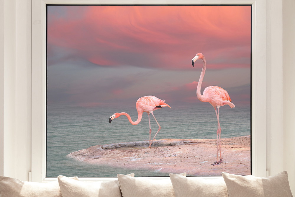 Fensterfolie - Flamingos am Strand