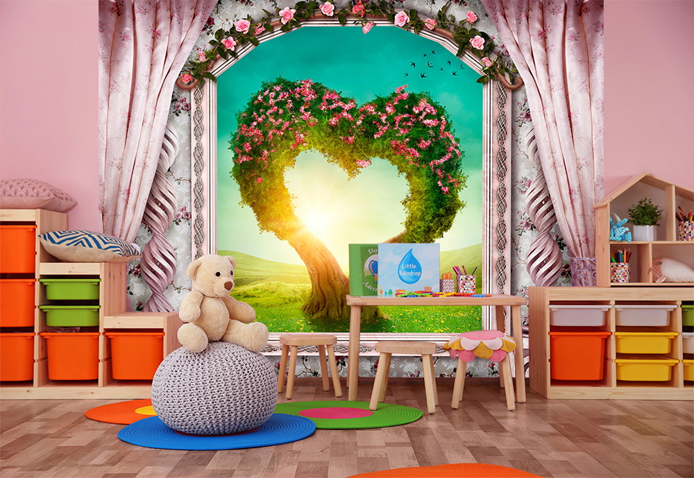 Wall mural - Children's room with heart-shaped tree in the window, toys and colourful decoration