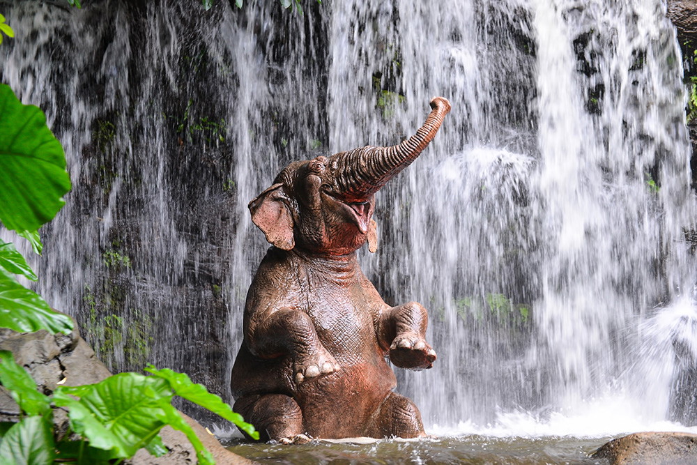 Wall mural - An elephant enjoying a shower under a waterfall, surrounded by tropical plants