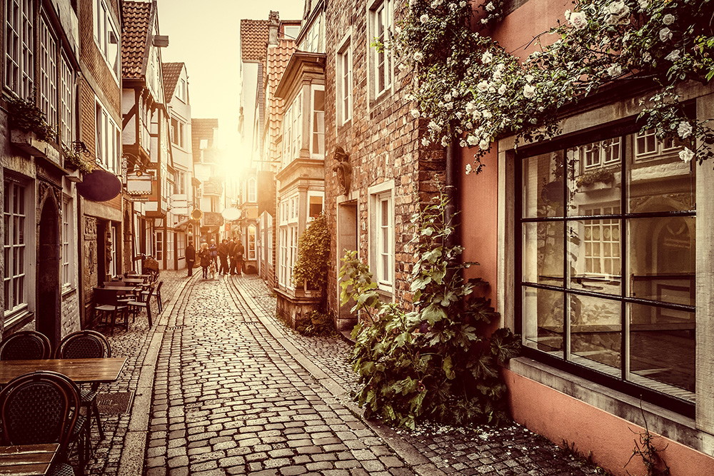 Fototapete - Eine historische Altstadtgasse mit Kopfsteinpflaster und Fachwerkhäusern im Sonnenlicht, gesäumt von Cafés und blühenden Pflanzen.