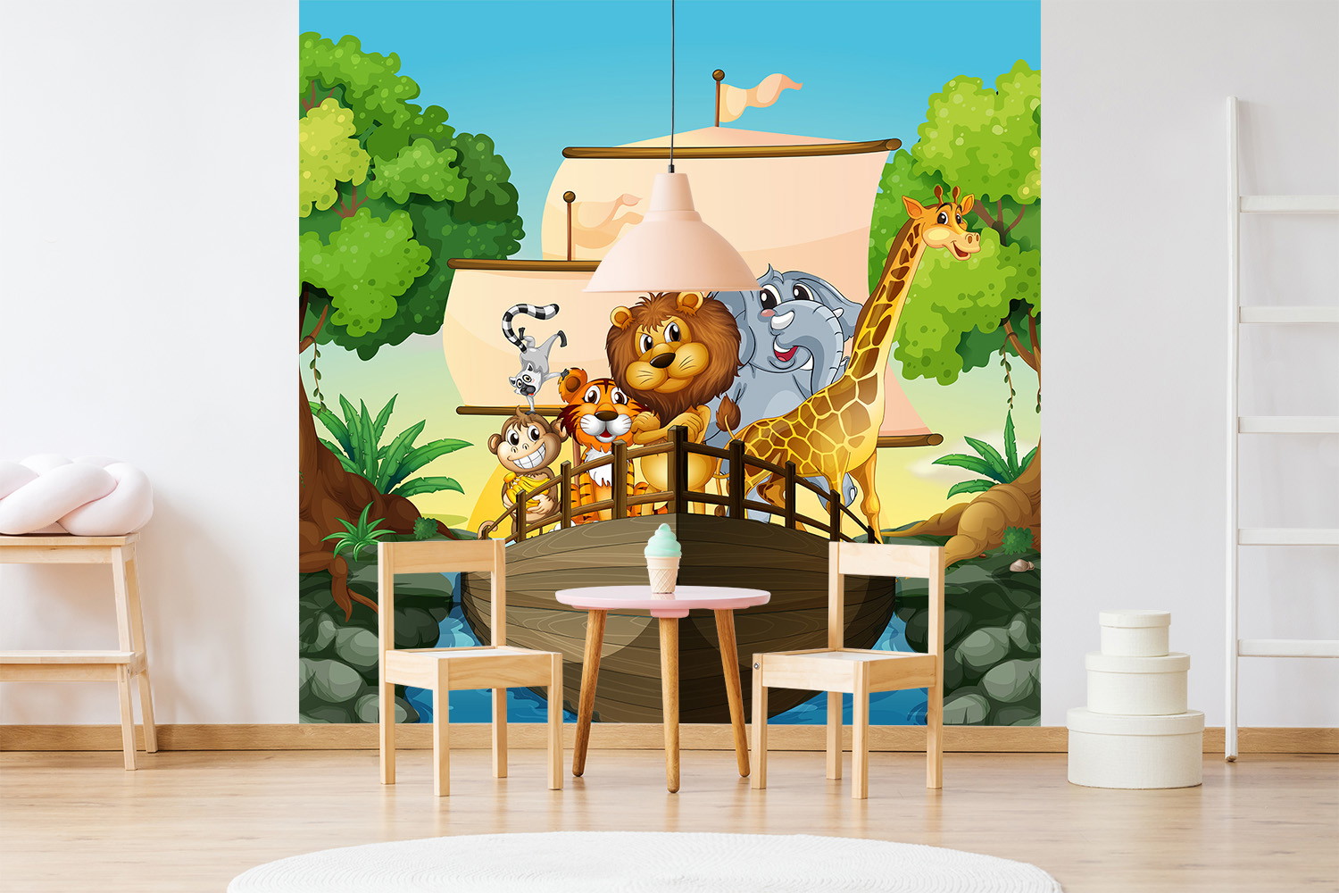 Fototapete - Tiere wie Löwe, Elefant, und Giraffe auf einem Cartoon-Schiff in einer farbenfrohen Waldszene