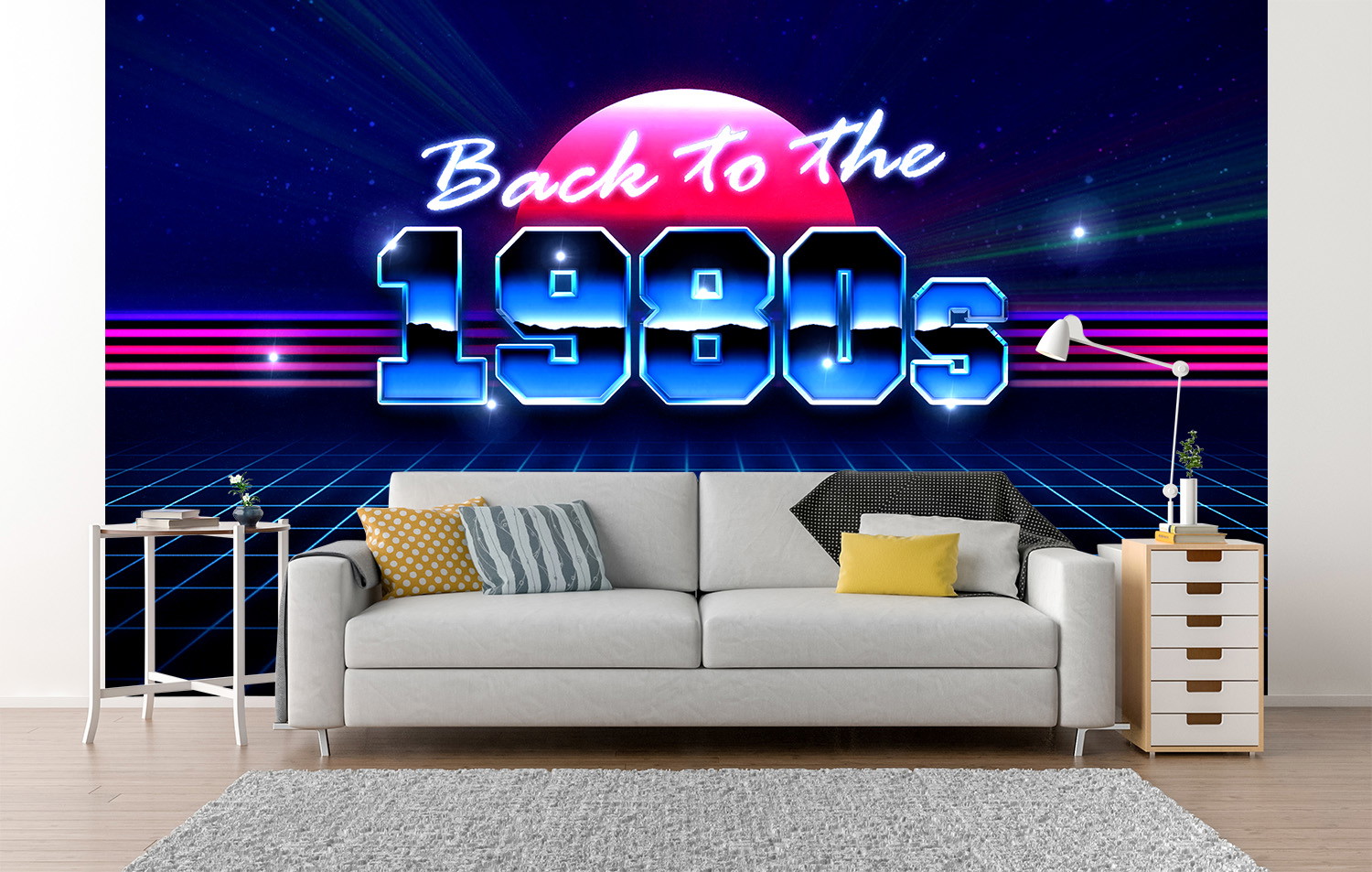 Wall mural - living room with sofa and retro design in 80s style, inspired by futuristic neon colours and a nostalgic ambience