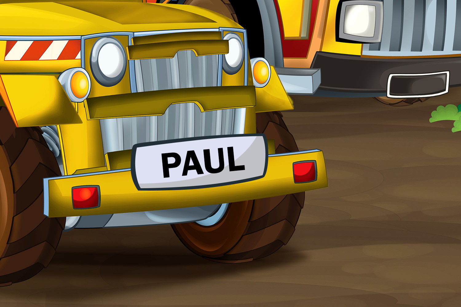 Fototapete - Gelber Cartoon-Truck mit Paul-Nummernschild auf einer braunen Straße