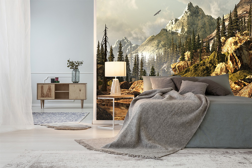 Papier peint photo - chambre avec paysage de montagne apaisant et forêt en arrière-plan