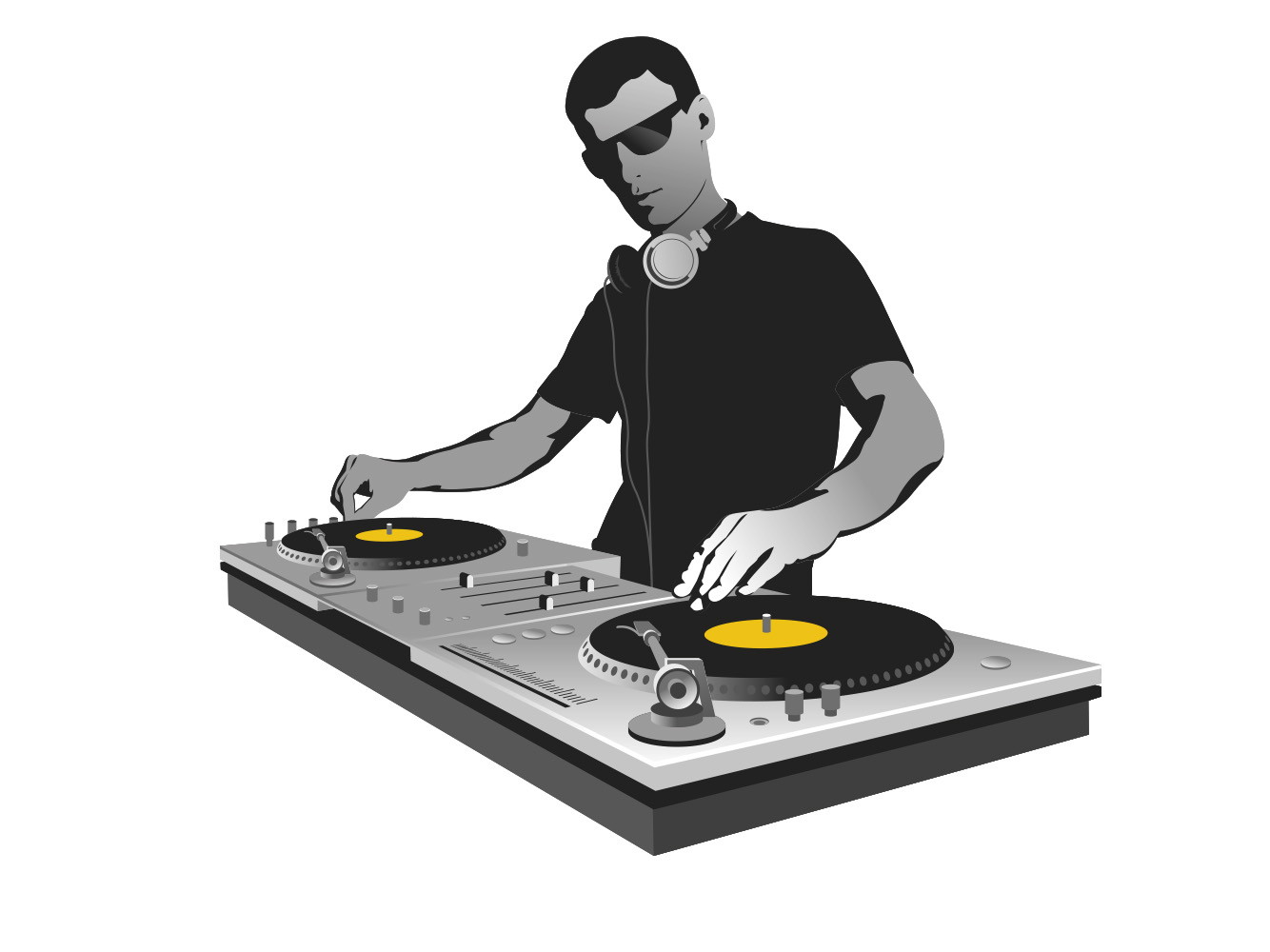 Wandtattoo - Illustration eines DJs mit Kopfhörern arbeitet an zwei Plattenspielern.