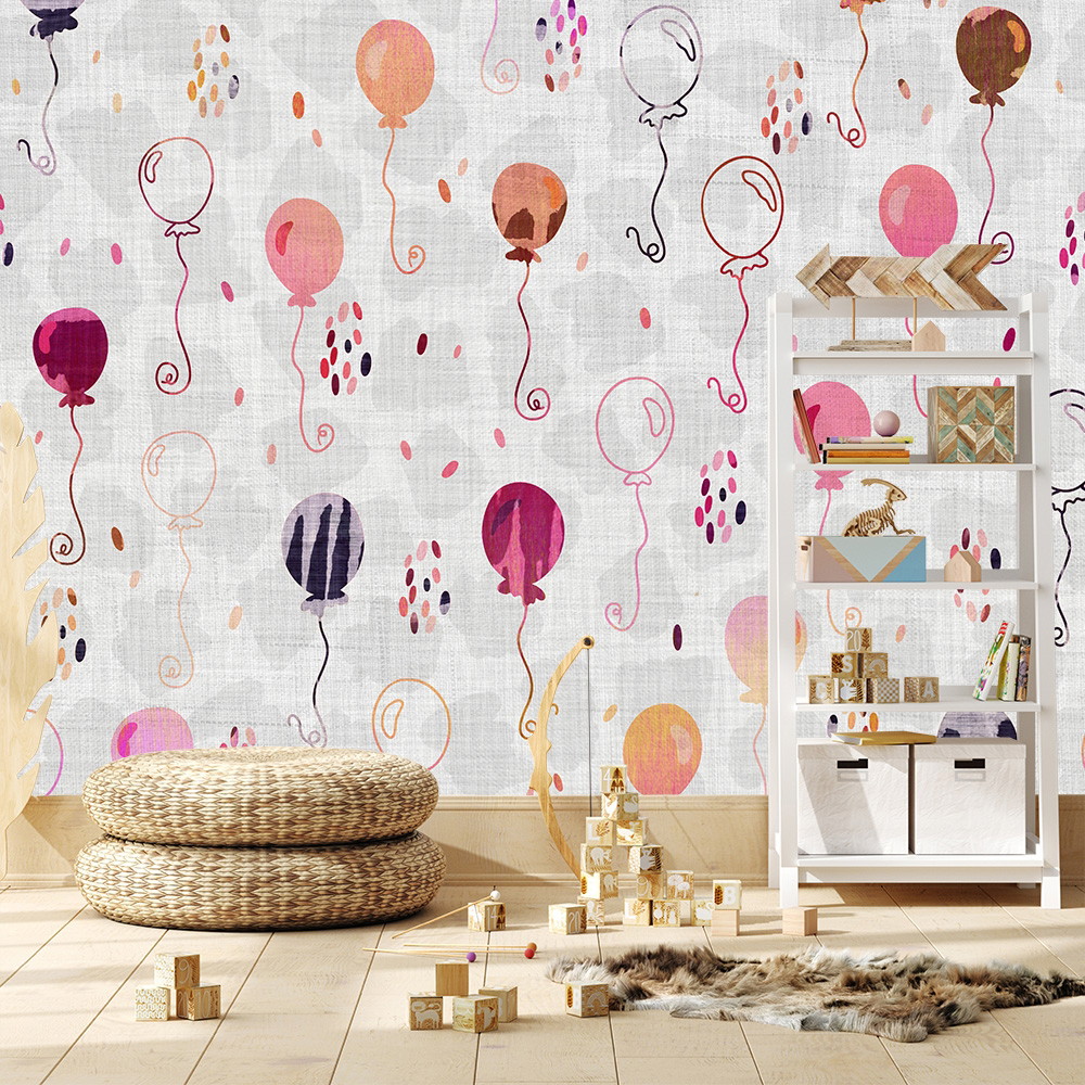 Wall mural - Bright and colourful balloons in different colours on a light grey background, ideal for modern children's rooms