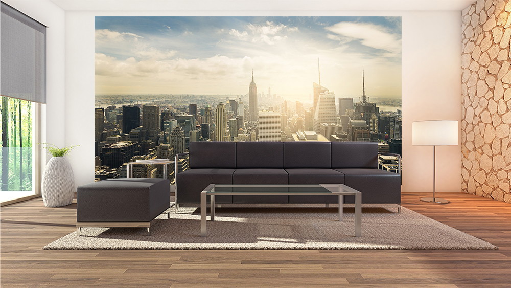 Fototapete - Moderne Wohnzimmerdekoration mit New York City Skyline im Sonnenlicht