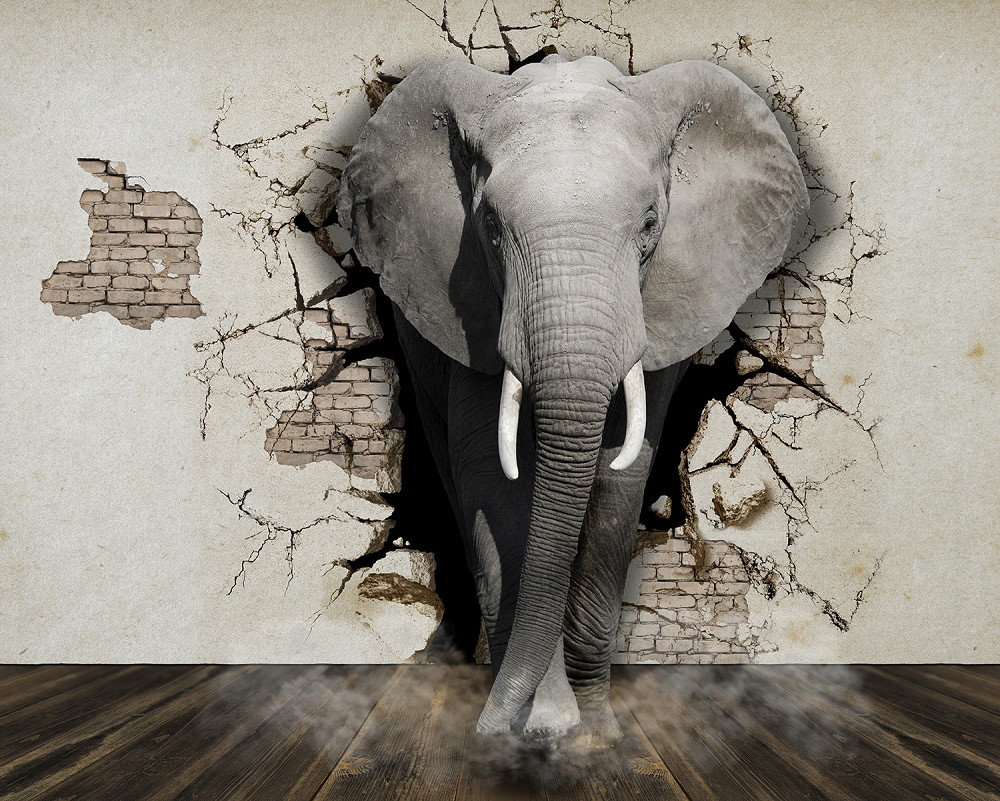 Wall mural - An elephant breaks through a brick wall for a spectacular effect