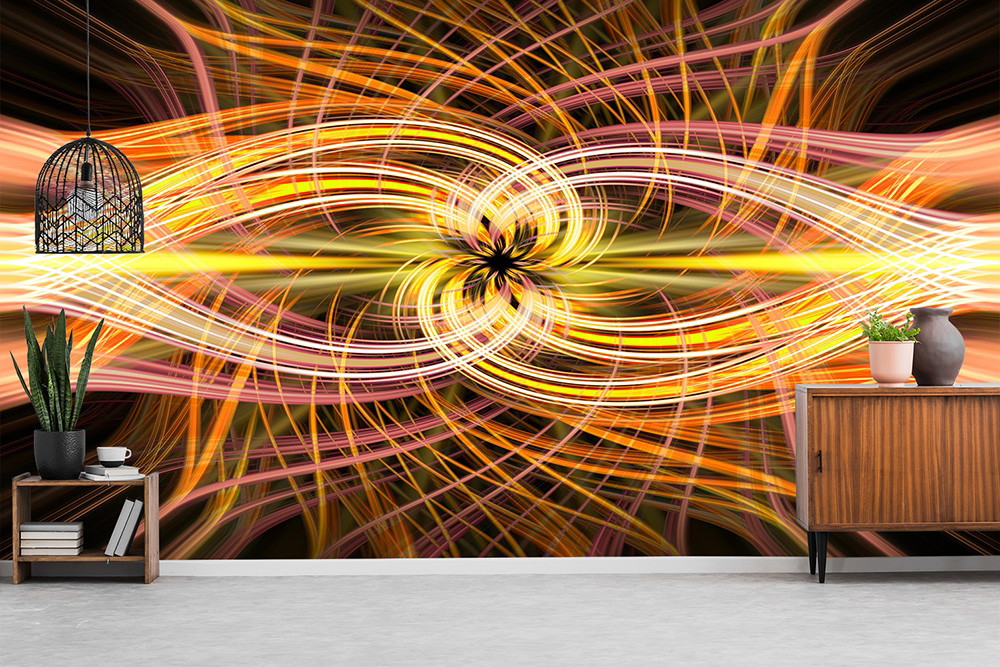 Muurschildering - Abstracte voorstelling van lichtgolven in gele en oranje tinten met moderne woonkamerdecoratie