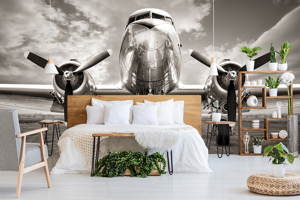 Wall mural - Bedroom with wall mural of a large aeroplane in black and white, surrounded by modern furnishings and plants