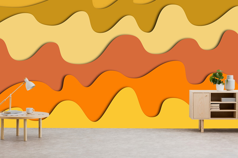 Papier peint photo - Motifs abstraits de vagues en jaune, orange et marron, décoration de la pièce avec table et armoire