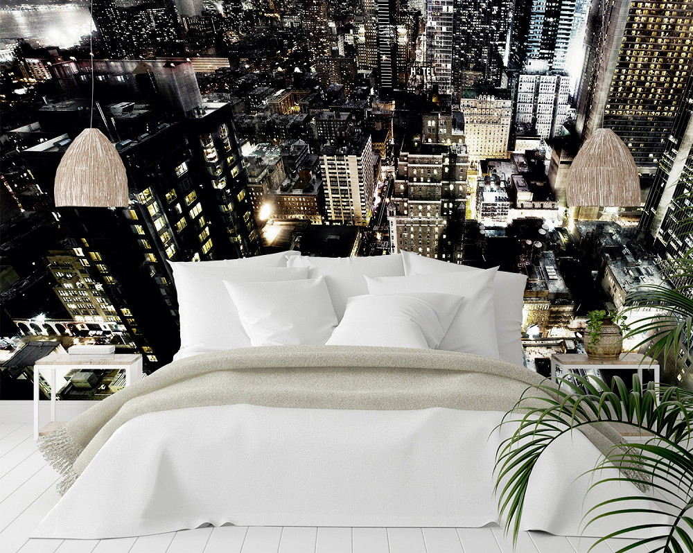 Fototapete - Schlafzimmer mit beeindruckender nächtlicher Skyline im Hintergrund
