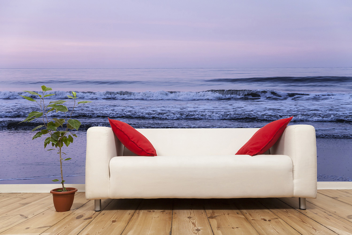Wall mural - Living room with white sofa, red cushions, plant and beach background