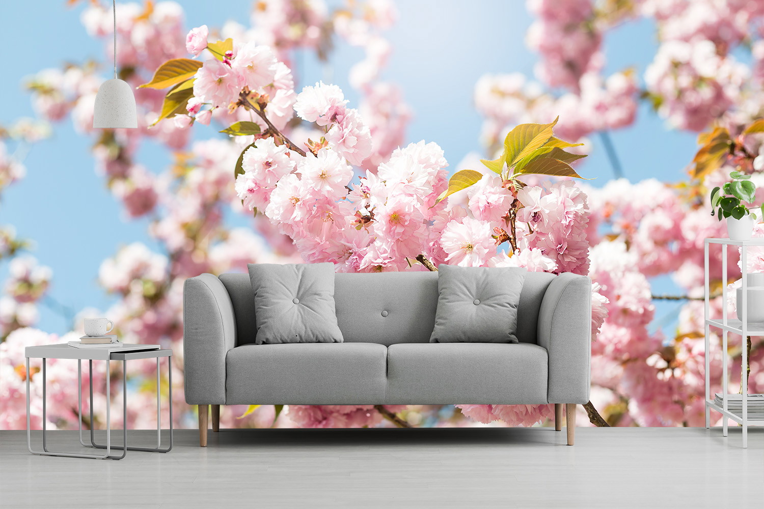 Fototapete - Helles Wohnzimmer mit grauem Sofa vor einer Wand mit rosa Kirschblüten und blauem Himmel