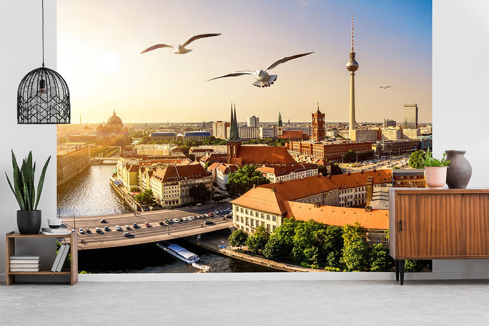 Fototapete - Berlin-Panorama mit Fernsehturm, Spree und Möwen bei Sonnenuntergang