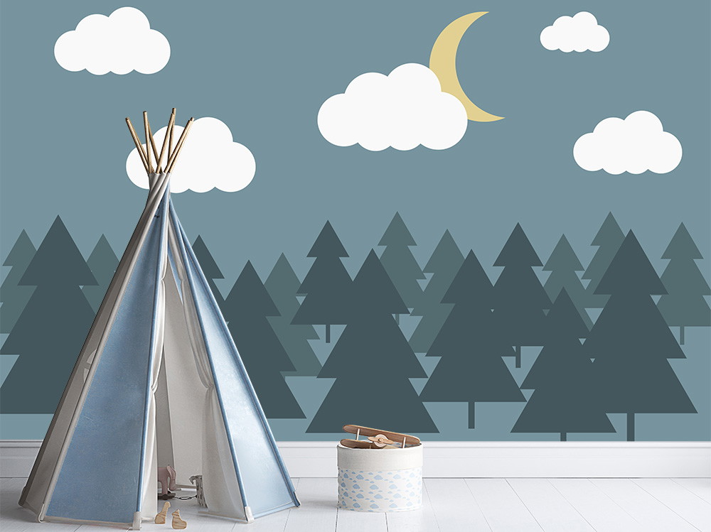 Muurschildering - Kinderkamer met boslandschap, tent en nachtelijke hemel