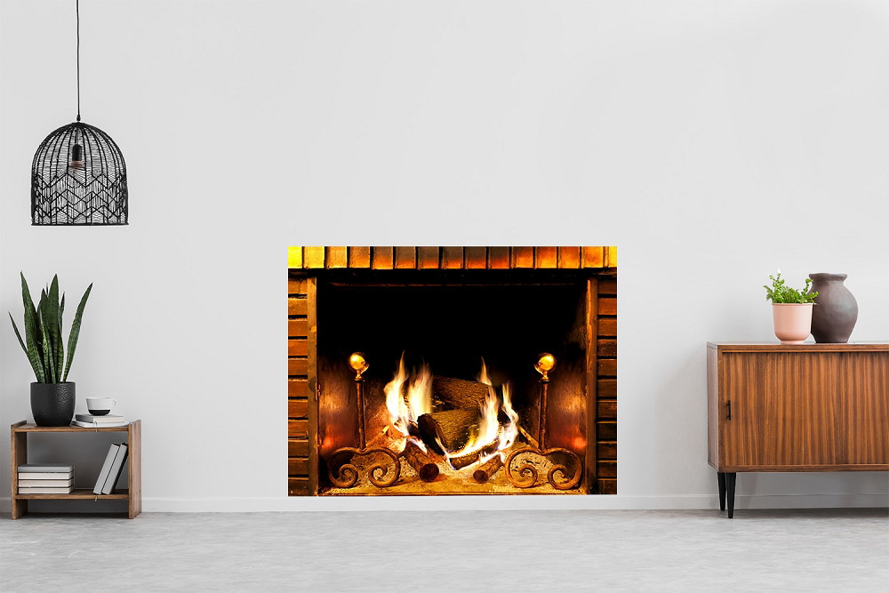 Fototapete - Wohnzimmerambiente mit Kamin und Dekoration