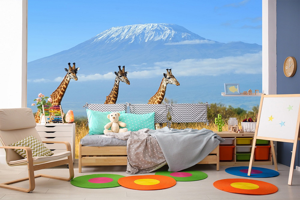 Wall mural - Children's room with savannah landscape, three giraffes and a view of a snow-capped mountain