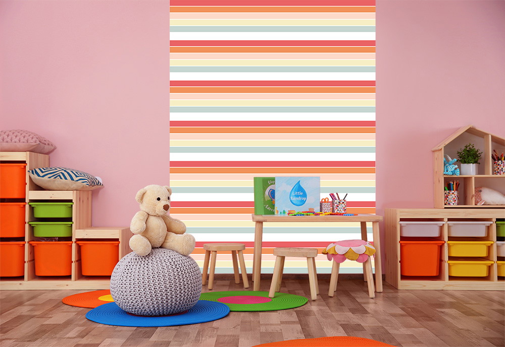 Wall mural - Children's room with colourful striped wallpaper, play area and shelves
