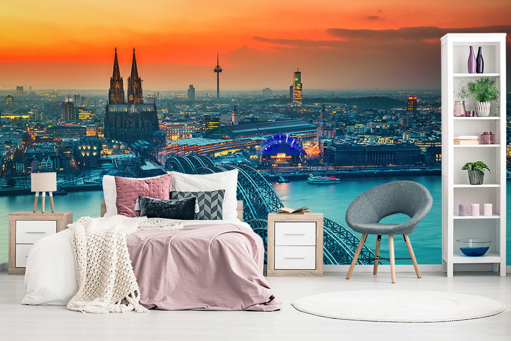 Papier peint photo - Panorama de la ligne d'horizon de Cologne au coucher du soleil avec la cathédrale et le Rhin