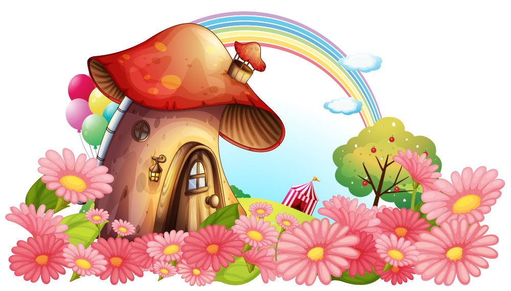 Fototapete - Fantasie-Landschaft mit einem Pilzhaus, einem Regenbogen und vielen rosa Blumen