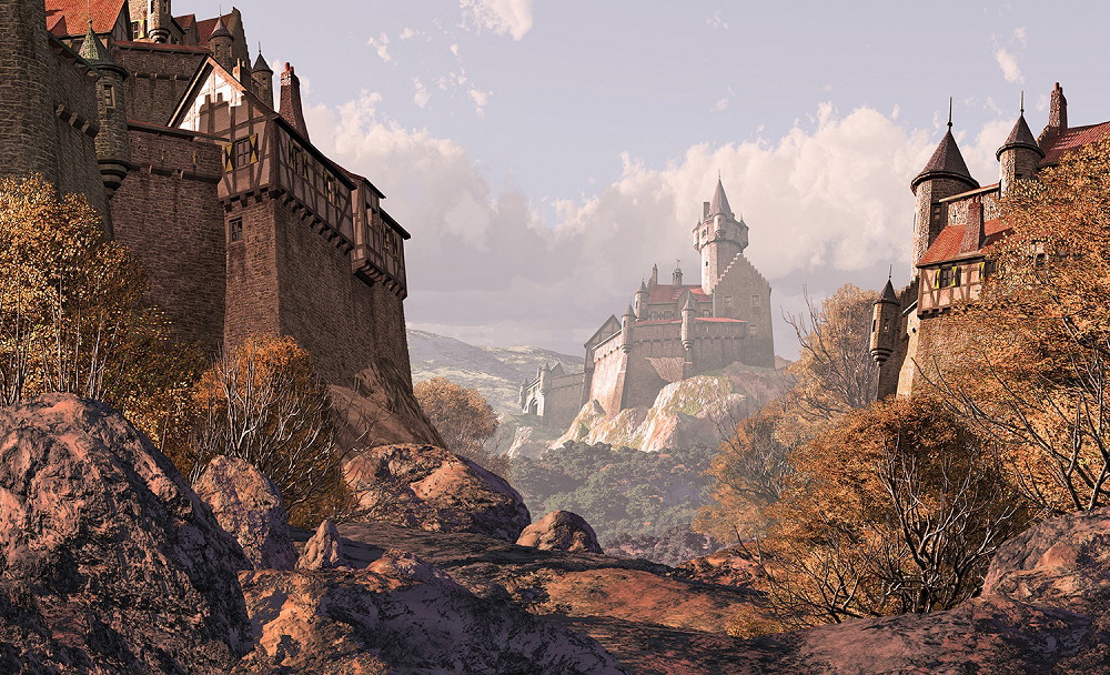 Wall mural - Romantic view of a castle in autumn landscape with rocky paths and cloudy sky