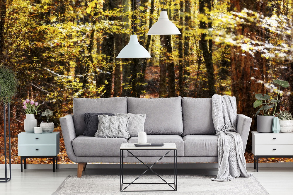 Wall mural - Living room with grey sofa and autumnal forest scenery in the background