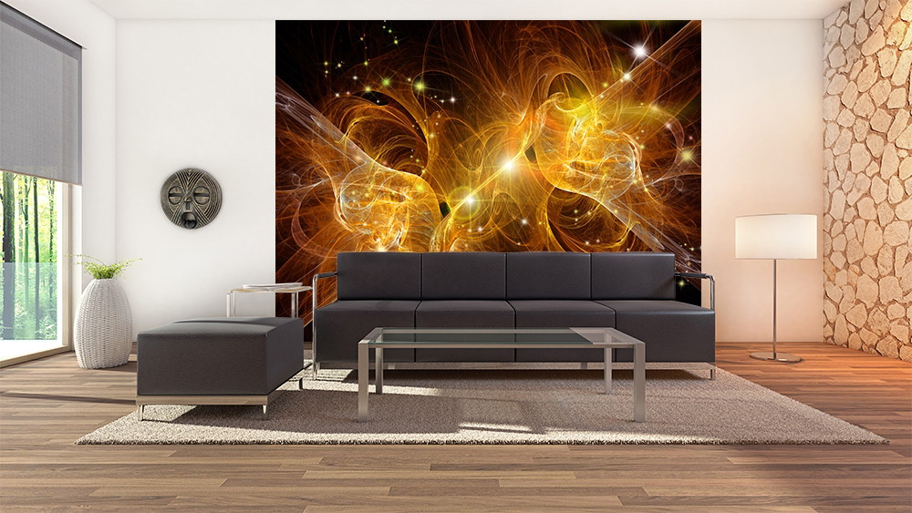 Muurschildering - Elegante woonkamer met zwarte bank en lichtgevende muurschildering
