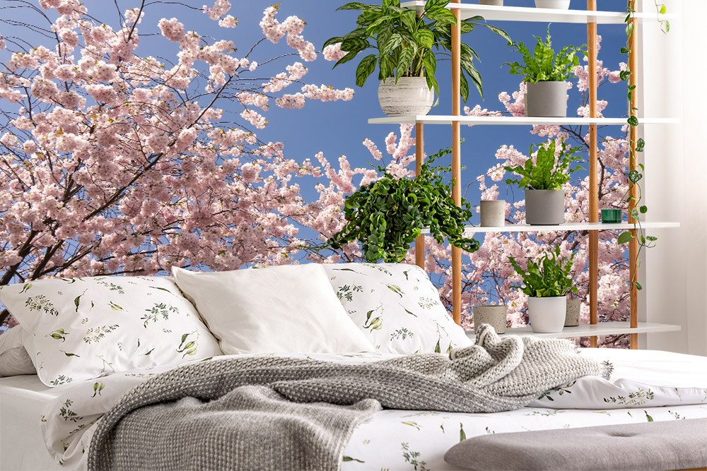 Papier peint photo - Les fleurs de cerisier en fleurs sont visibles à travers la fenêtre derrière un lit avec des plantes