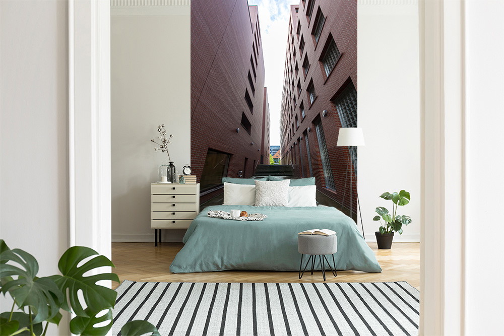 Wall mural - Bedroom with minimalist design and large brick pattern on the wall
