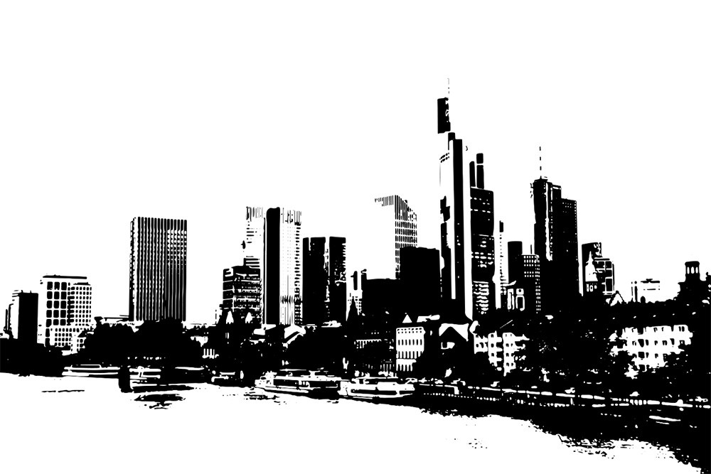 Papier peint photo - Silhouette en noir et blanc de la ligne d'horizon de Francfort sur le Main avec la rivière au premier plan