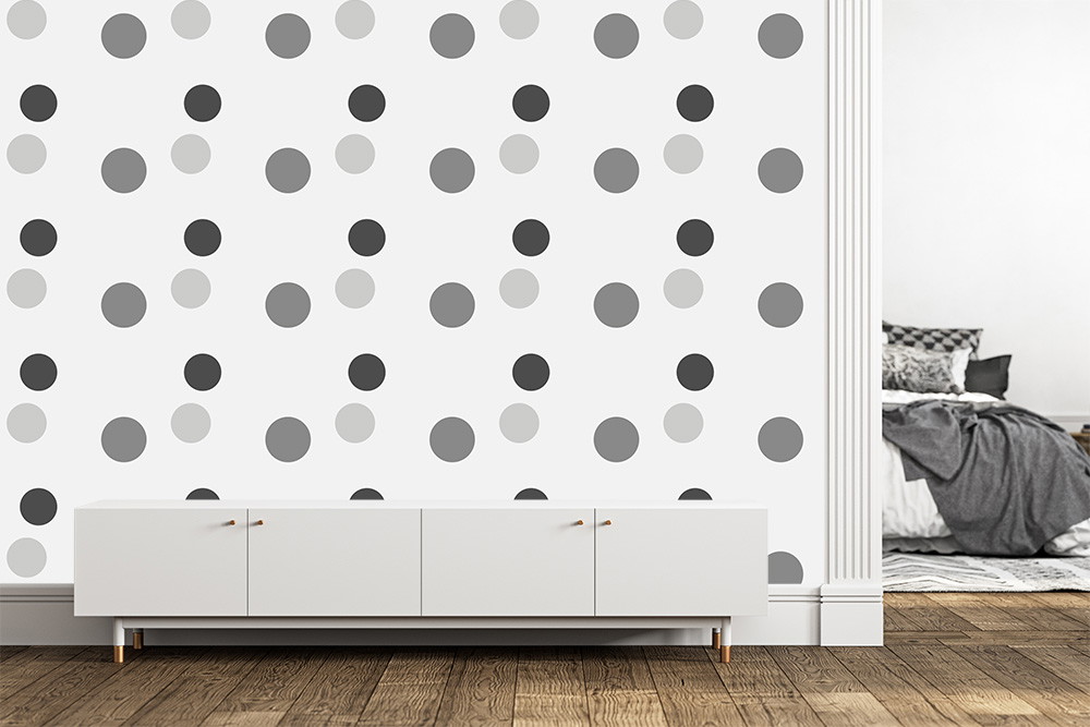 Fototapete - Weiße Wand mit grauen Punkten und einem minimalistischen weißen Sideboard