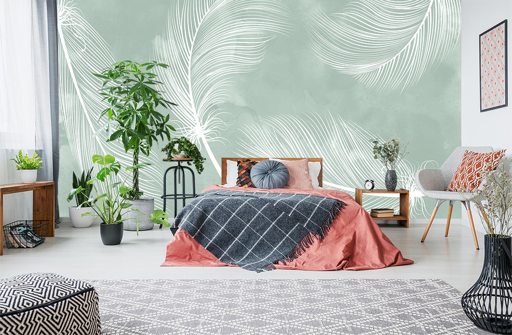 Papier peint photo - Décoration moderne de chambre à coucher avec des plantes, un lit et un élégant motif de feuilles sur le mur