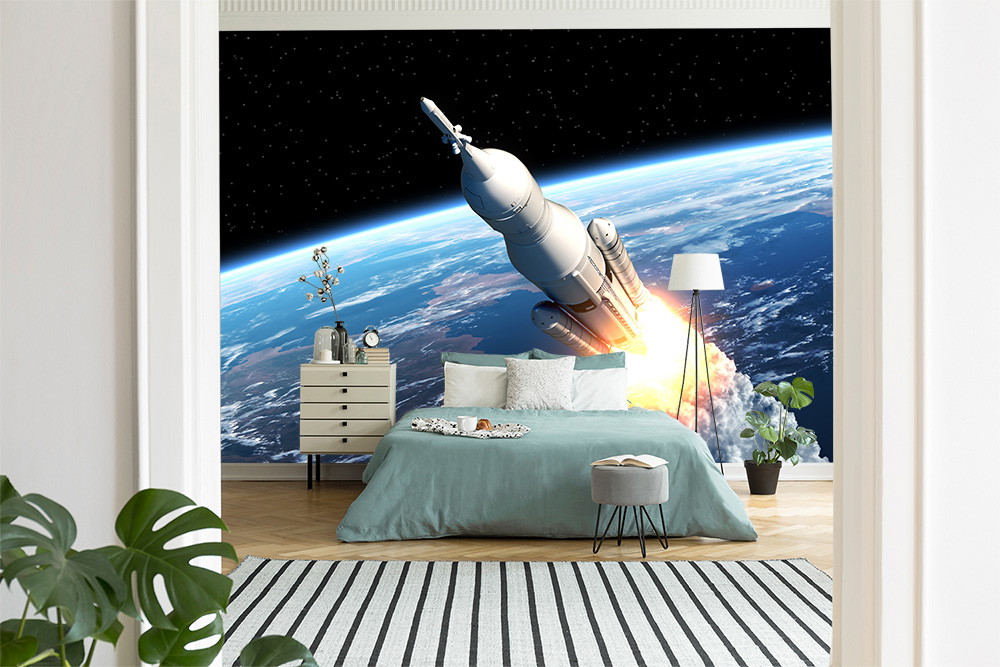 Fototapeta ścienna - Start rakiety w kosmos, ozdobiona w stylowej sypialni z nowoczesnymi meblami