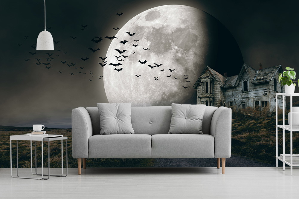 Fototapete - Dunkles, unheimliches Haus vor riesigem Vollmond und fliegenden Fledermäusen