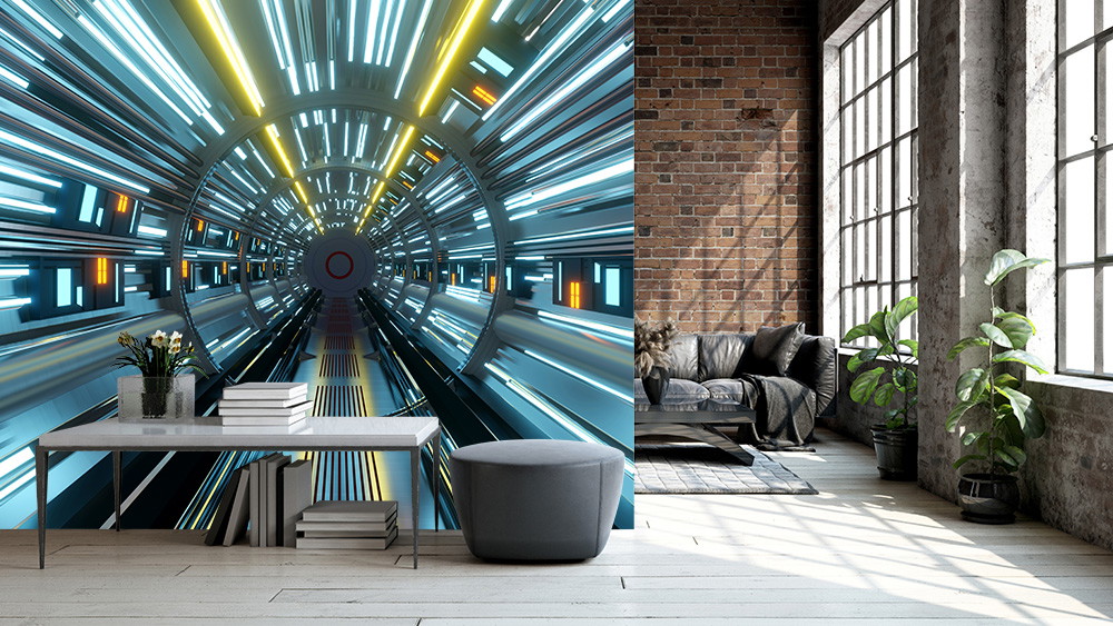 Fototapete - Ein futuristischer Tunnel mit leuchtenden gelben und blauen Lichtern, angebracht in einem modernen Wohnzimmer mit Backsteinwand und großen Fenstern.