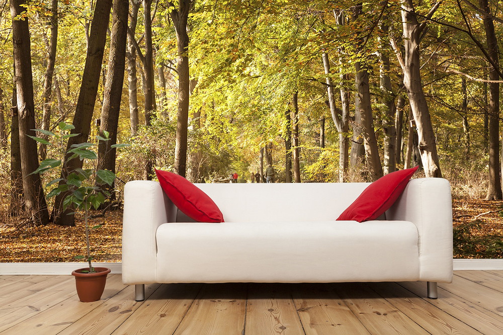 Fototapete - Helles Wohnzimmer mit Naturtapete, die einen herbstlichen Wald zeigt, dekoriert mit einem weißen Sofa und roten Kissen sowie einer grünen Pflanze