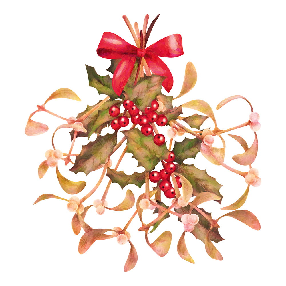 Fenstersticker - Illustration eines weihnachtlichen Mistelzweiges mit roten Beeren und roten Schleife auf weißem Hintergrund