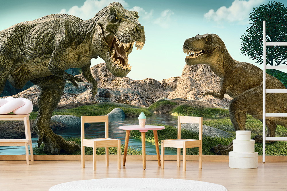 Fototapete - Eindrucksvolle Dinosaurier-Szene mit Tyrannosaurus Rex in einer prähistorischen Landschaft, perfekt für Kinderzimmerdekor