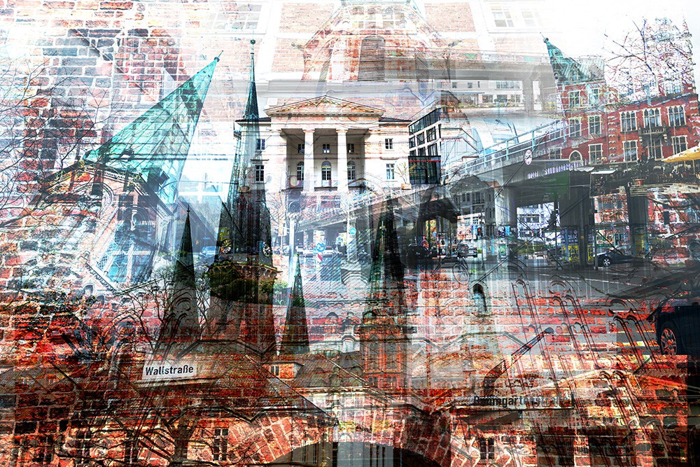 Photo wallpaper - Artistic collage shows various elements of urban architecture and lively street scenes.
