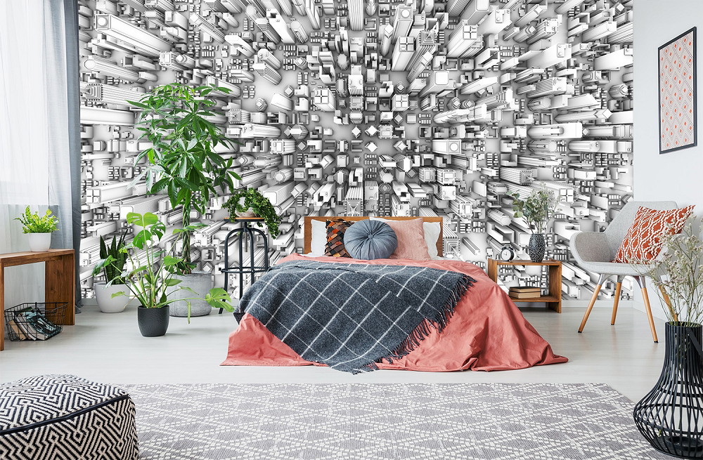 Fototapete - Schlafzimmer mit 3D-Schwarz-Weiß-Stadtbild als Wanddekoration