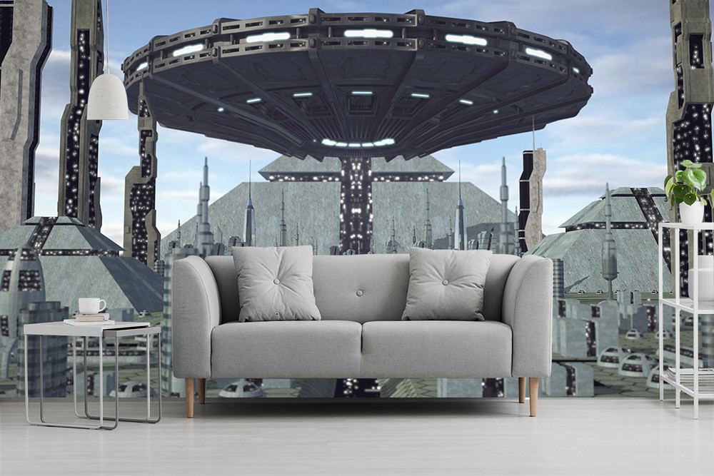 Fototapete - Moderne futuristische Stadt mit großen Raumschiffen am Himmel