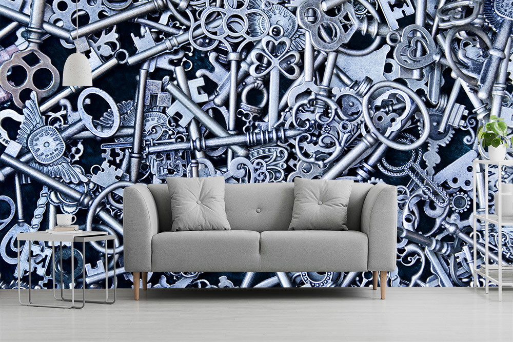 Wall mural - Detailed depiction of antique keys on a living room wall behind a grey sofa