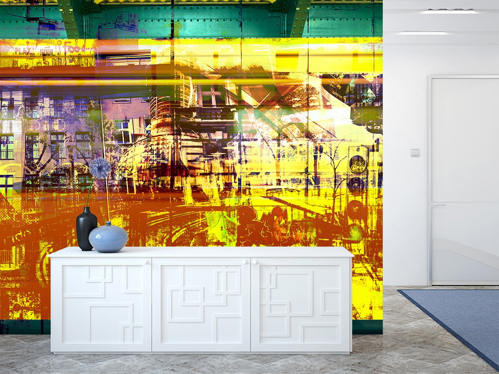 Fototapete - Abstrakte städtische Szene mit leuchtenden Farben an einer Wohnzimmerwand
