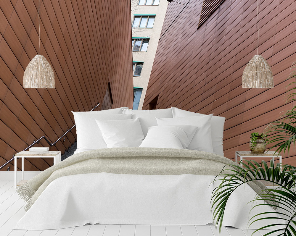 Papier peint photo - mur avec panneaux en bois et meubles de chambre dans un intérieur moderne